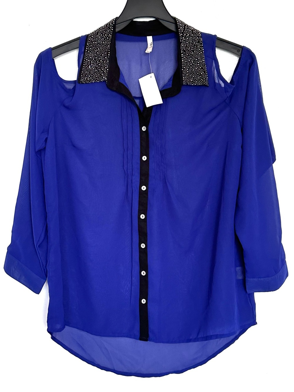 NWT Truth Plus Shirt Women’s 1X Blue Sheer Button Up Long Sleeve Cold Shoulder